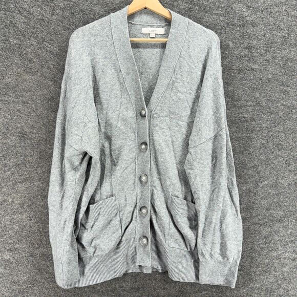 Loft Cardigan Women XL Gray V-Neck Button Up Long Sleeve Pockets Cotton Casual - Picture 1 of 7
